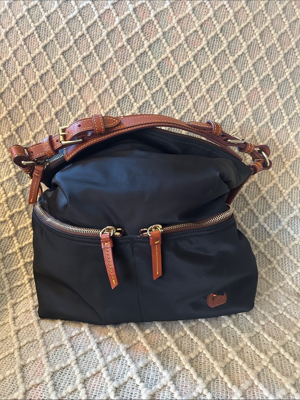 Dooney & Bourke Black Nylon Dillen Shoulder Bag with Brown Leather Accents